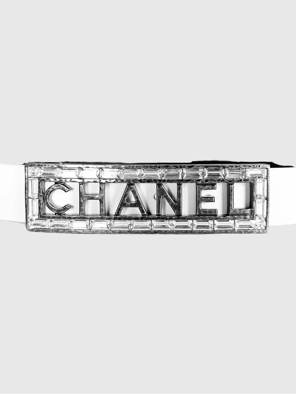 CHANEL Crystal Leather Belt with Silver Logo Plaque Size 75